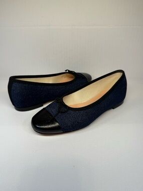 J.Crew Denim Ballet Flats Black Leather Cap Toe Bow Shoes Women's Size 7